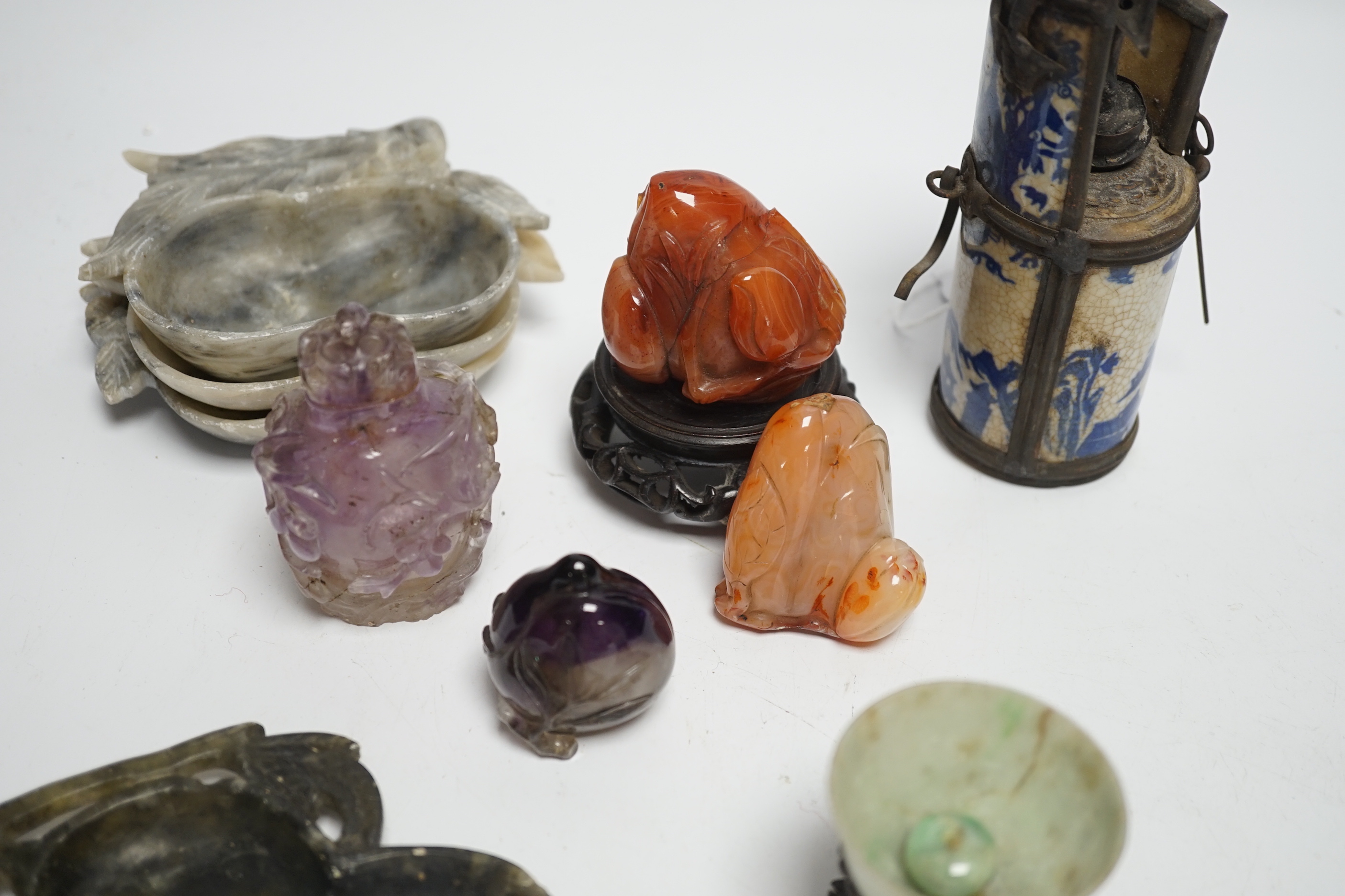 Two Chinese carved amethyst quartz scent bottles, two similar chalcedony snuff bottles, soapstone dishes, carvings etc